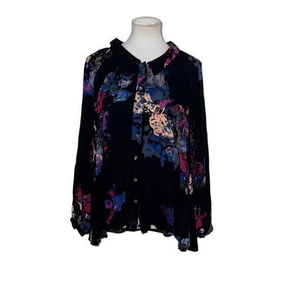 Free People Meadow Lark Blouse Oversized Top Button Front Black Floral sz XS - Picture 2 of 10